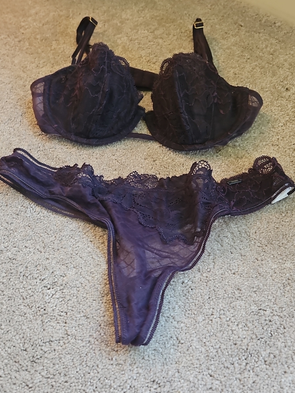 Calvin Klein Purple/Plum Lace Underwire Bra & Thong Set